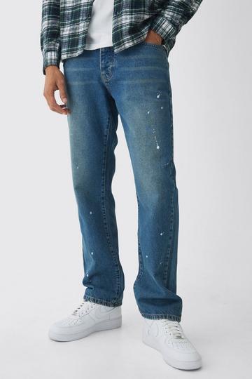 Blue Straight Leg Paint Splatter Jeans With Tonal Embroidery