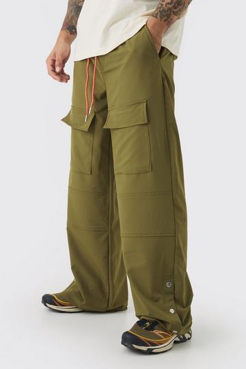 Olive Green Elasticated Wide Leg Nylon Popper Hem Trousers