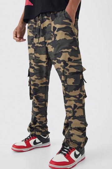 Elasticated Slim Stacked Nylon Camo Cargo Trousers khaki