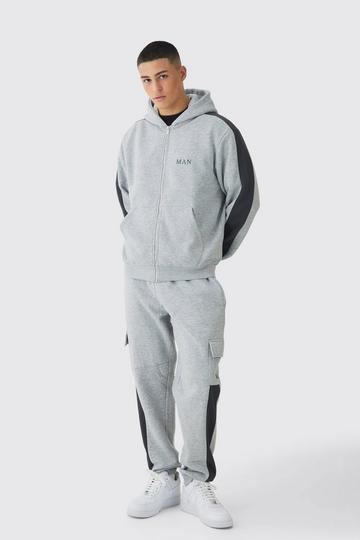 Grey Regular Fit Colour Block Cargo Pocket Zip Through Hooded Tracksuit