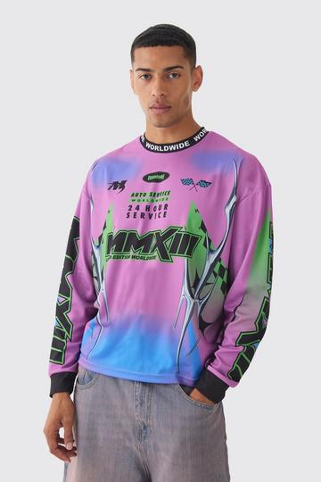 Purple Oversized Boxy Closed Mesh Graffiti Moto Jacquard Neck T-shirt