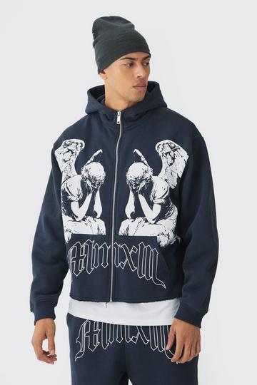 Oversized Boxy Zip Through Renaissance Graphic Hoodie slate blue