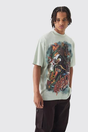 Sage Green Oversized Large Scale Worldwide Tattoo Graphic T-Shirt