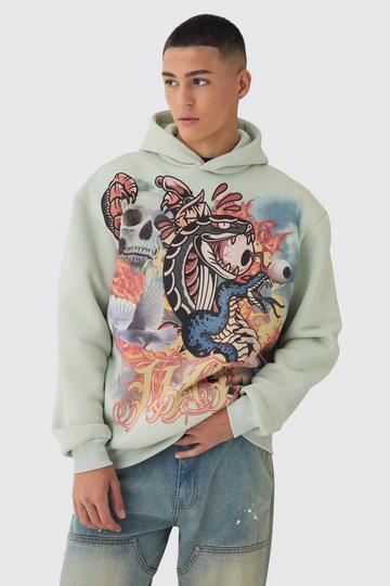 Oversized Man Tattoo Graphic Hoodie sage