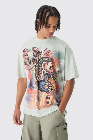 Sage Green Oversized Large Scale Man Tattoo Graphic T-Shirt