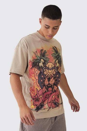 Oversized Large Scale OFCL Tattoo Graphic T-Shirt taupe