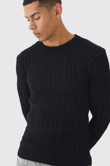 Black Muscle Fit Cable Knit Jumper