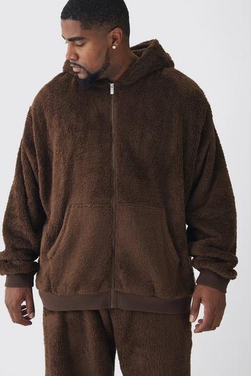 Chocolate Brown Plus Borg Oversized Zip Thru Hoodie