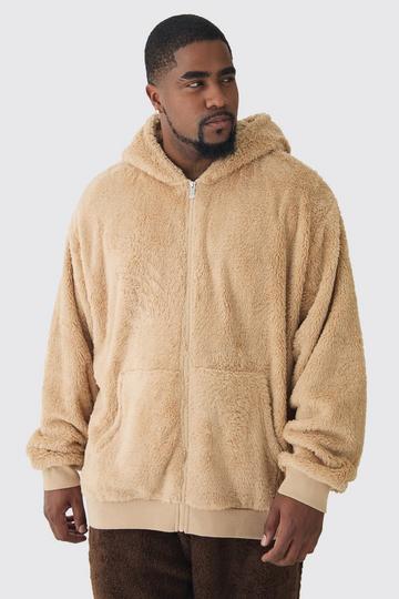 Stone Beige Plus Borg Oversized Zip Thru Hoodie