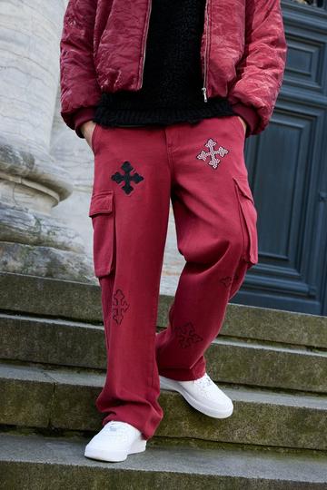 Red Twill Fixed Waist Relaxed Cross Applique Cargo Trousers