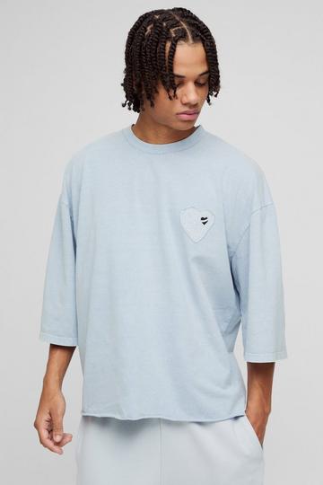 Oversized Half Sleeve Washed and Applique T-shirt dusty blue