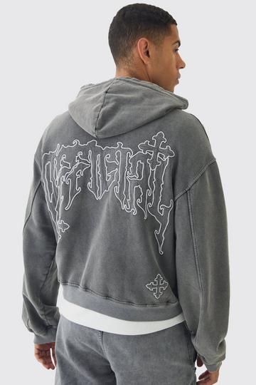 Shrunken Washed and Applique Official Cross Distressed Hoodie charcoal