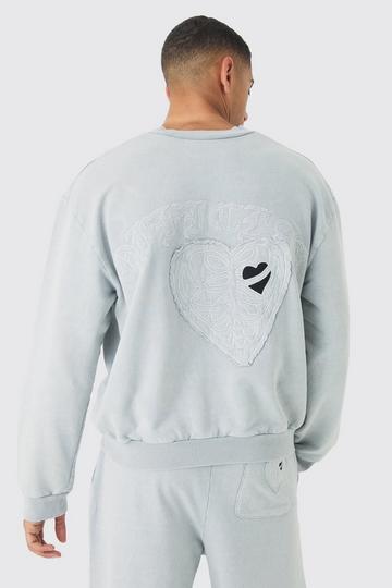 Oversized Boxy Washed and Applique Heart Sweatshirt light grey