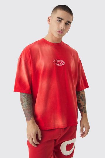 Red Oversized Boxy M Washed and Applique T-shirt