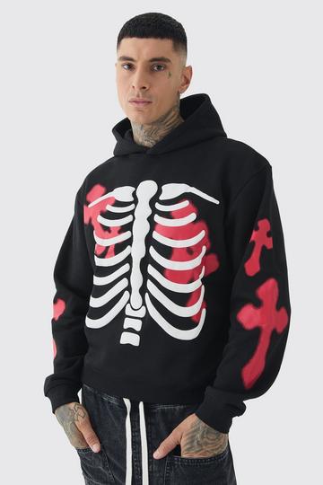 Black Tall Oversized Boxy Skeleton Puff Print Hoodie With Crosses