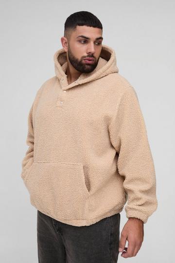 Plus Oversized Boucle Borg Popper Neck Hoodie stone