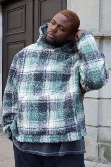 Plus Man Oversized Boxy Embroidered Check Boucle Borg Hoodie green