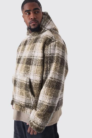 Plus Man Oversized Boxy Embroidered Check Boucle Borg Hoodie brown