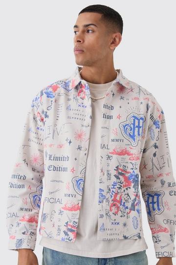 Oversized Graffiti Print Overshirt stone