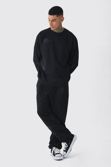 Tall Oversized Applique Sweater & Relaxed Jogger Tracksuit black