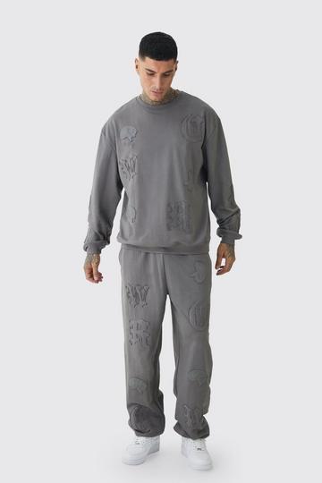 Grey Tall Oversized Applique Sweater & Relaxed Jogger Tracksuit