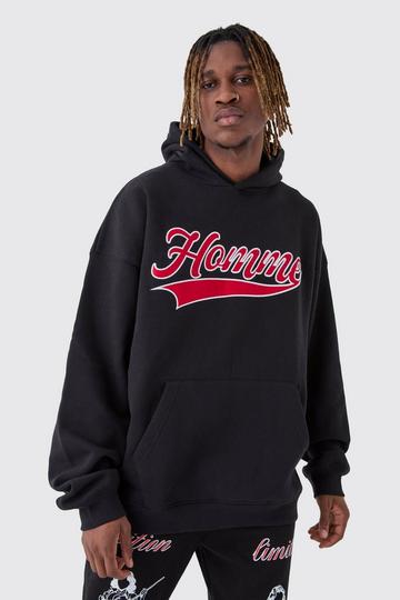 Tall Oversized Drop Shoulder Homme Applique Hoodie black