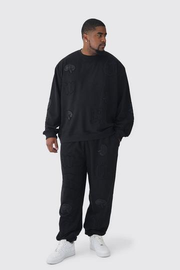 Plus Oversized Applique Sweater & Relaxed Jogger Tracksuit black