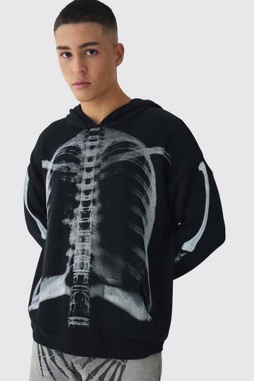 Black Oversized Skeleton Print Ribbed Hoodie