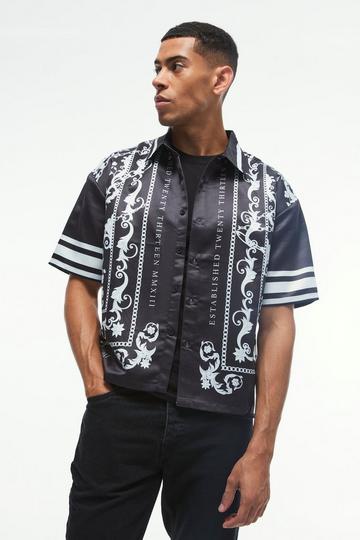 Black Oversized Satin Border Print Boxy Shirt