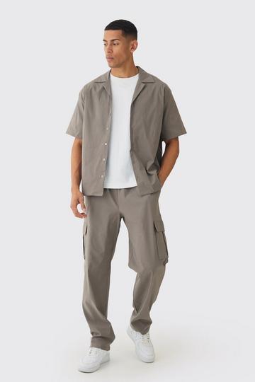 Oversized Bengaline Overhemd Met Revers Kraag En Cargo Broek Set taupe