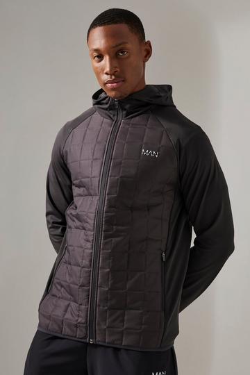 Man Active Check Quilted Zip Through Hoodie charcoal