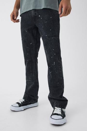 Slim Rigid Flare Acid Wash Carpenter Paint Splatter Denim Jeans black