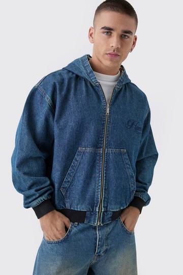 Oversized Geborduurde Boxy Denim Hoodie antique blue