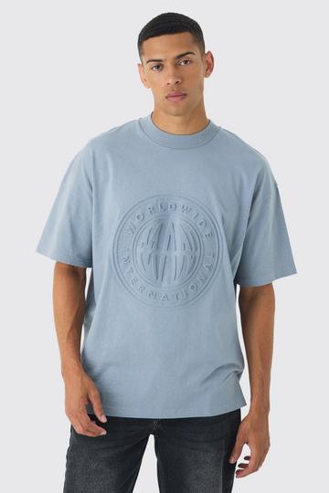 Oversized Extended Neck Worldwide Embossed T-Shirt denim-blue