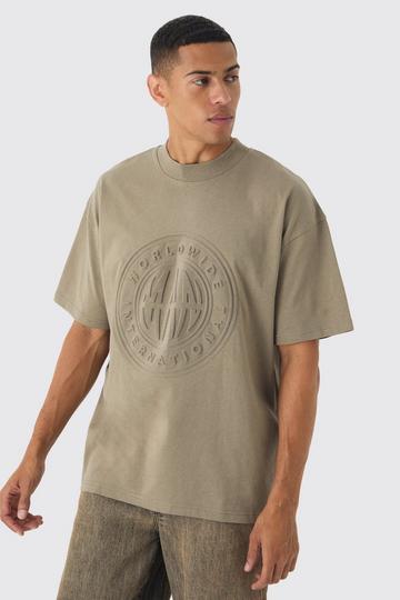 Khaki Oversized Extended Neck Worldwide Embossed T-Shirt