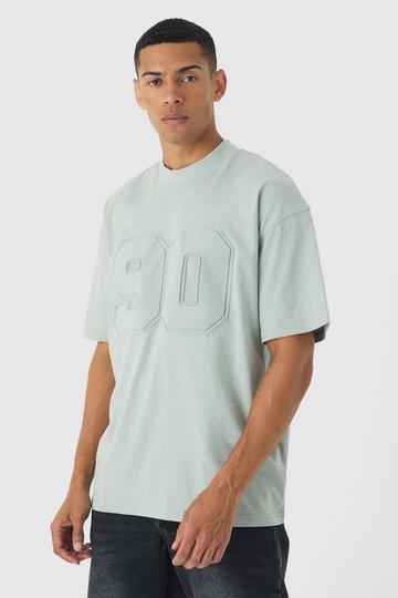 Sage Green Oversized Extended Neck Varsity Embossed T-Shirt