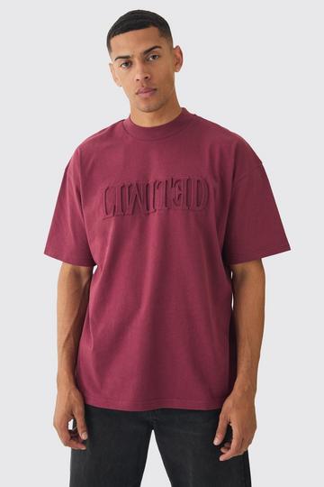 Burgundy Red Oversized Extended Neck Varsity Embossed T-Shirt