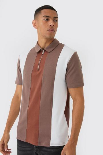 Slim 1/4 Zip Interlock Colour Block Polo taupe