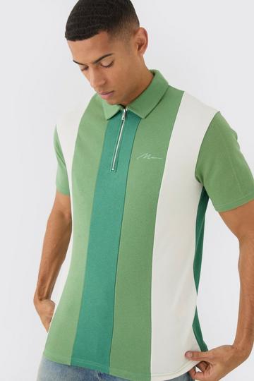 Green Slim 1/4 Zip Interlock Colour Block Polo