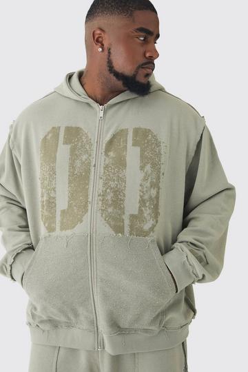 Plus Oversized Boxy Varsity Raw Edge Applique Zip Funnel Hoodie taupe