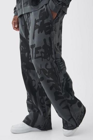 Plus Relaxed Wide Leg Graffiti Print Loopback Jogger charcoal