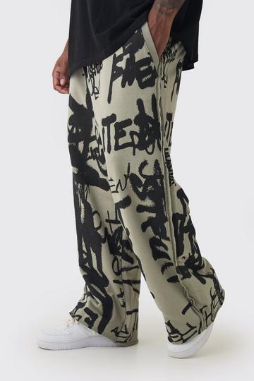 Plus Relaxed Wide Leg Graffiti Print Loopback Jogger taupe