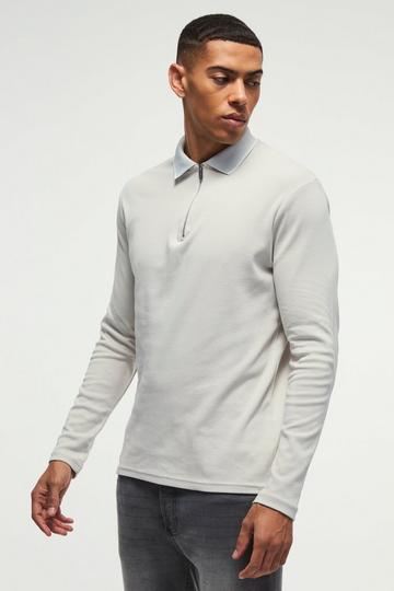 Grey Long Sleeve 1/4 Zip Interlock Tipped Polo