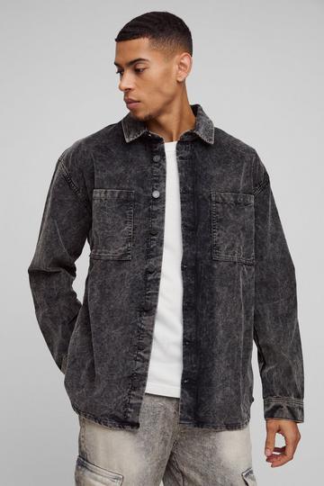 Black Oversized Acid Wash Cord Overshirt