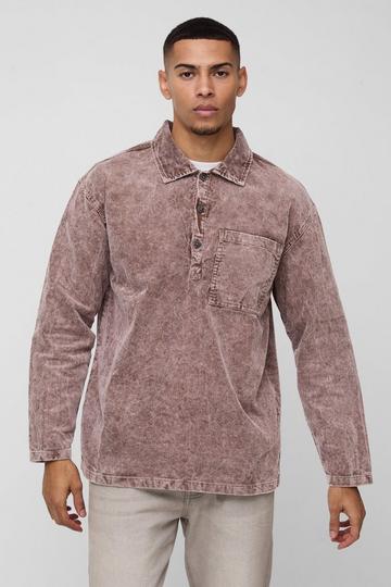 Oversized Acid Wash Cord Rugby Shirt chocolate