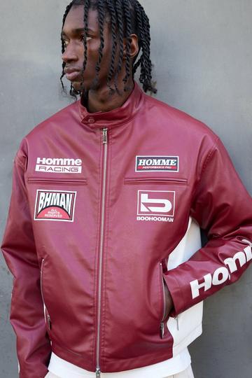 Burgundy Red Boxy Homme Applique PU Moto Jacket