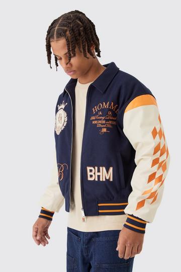 Navy Boxy BHM Badge Varsity Bomber Jacket