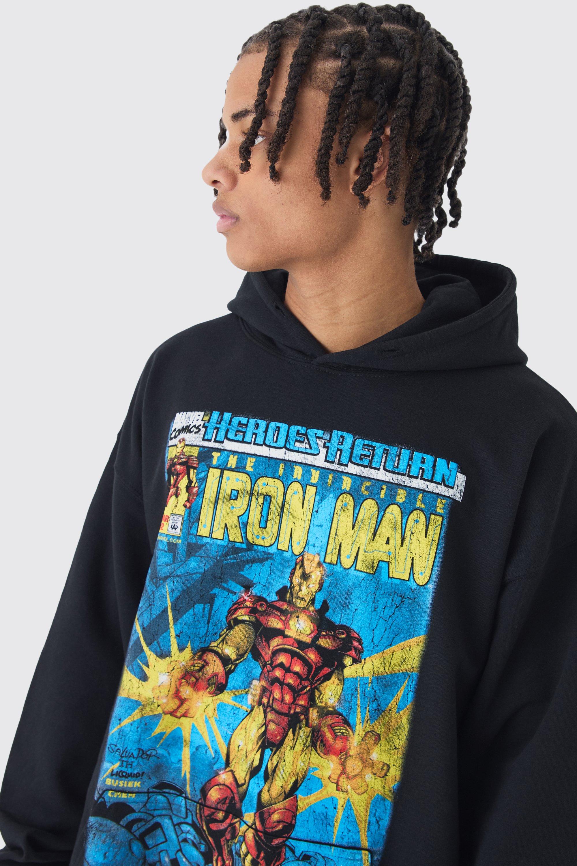 Felpa oversize con stampa ufficiale Iron Man Marvel e cappuccio