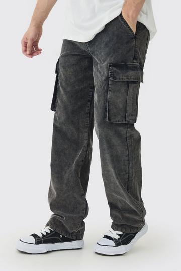 Black Tall Relaxed Acid Wash Cord Cargo Trouser