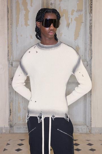 Premium Muscle Fit Distressed Knitted Jumper stone